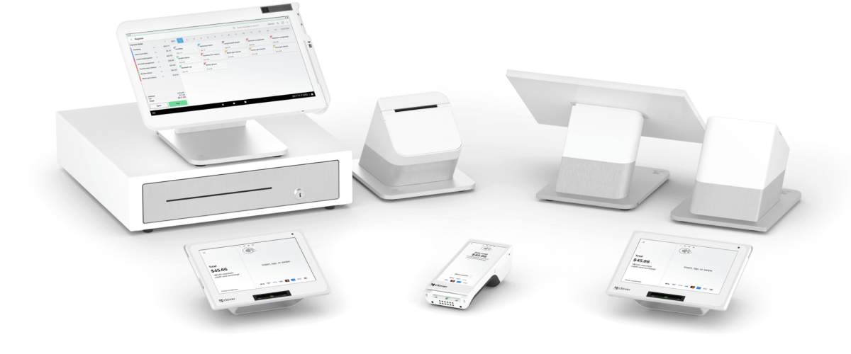 White point-of-sale system with a display, cash drawer, and card readers on a white background.