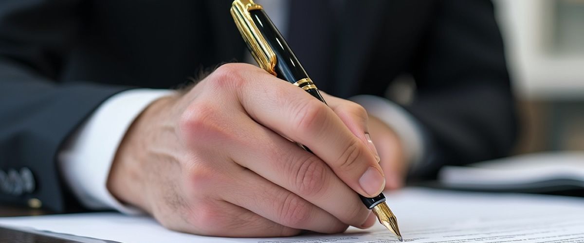 A person in a suit writes with a gold and black pen on a white document.