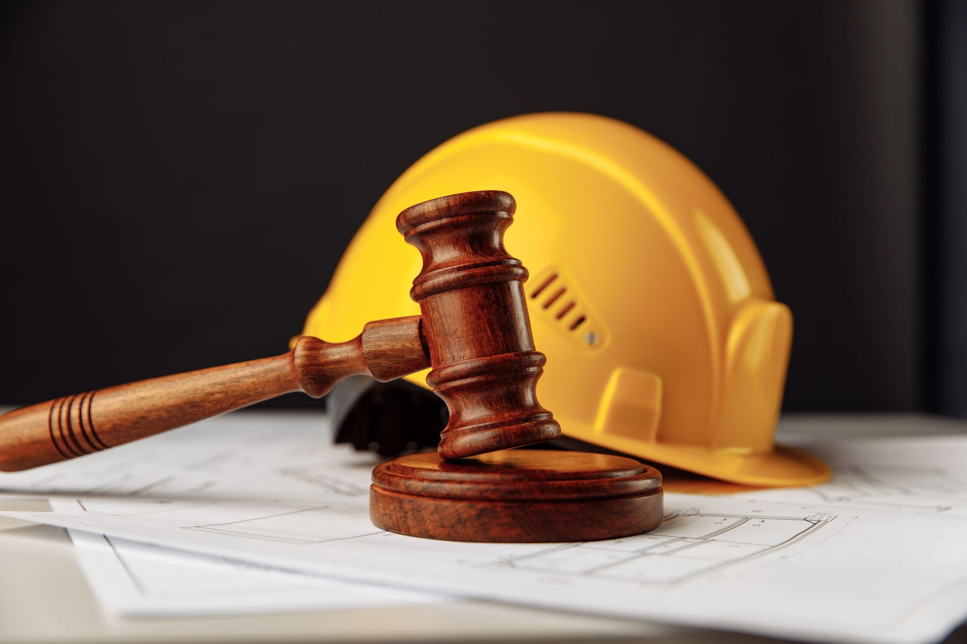 Un martelletto da giudice in legno poggia su dei progetti edilizi accanto a un elmetto giallo.