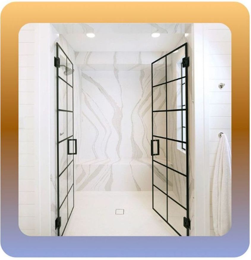 A picture of a bathroom with two shower doors