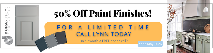 Advertisement: 50% off paint finishes, call Lynn today. Features kitchen cabinet and paint samples.