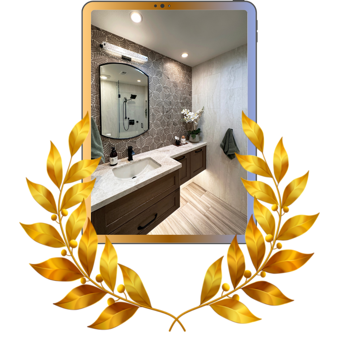 a picture of a bathroom with a laurel wreath around it