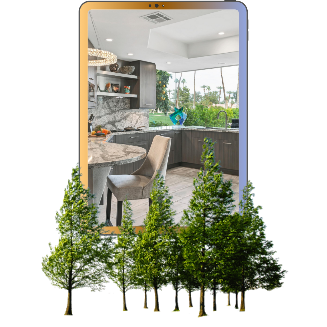 a picture of a kitchen with trees in the foreground