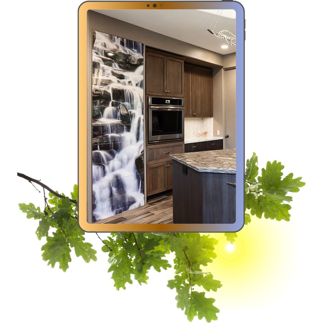 a kitchen with a picture of a waterfall on the wall