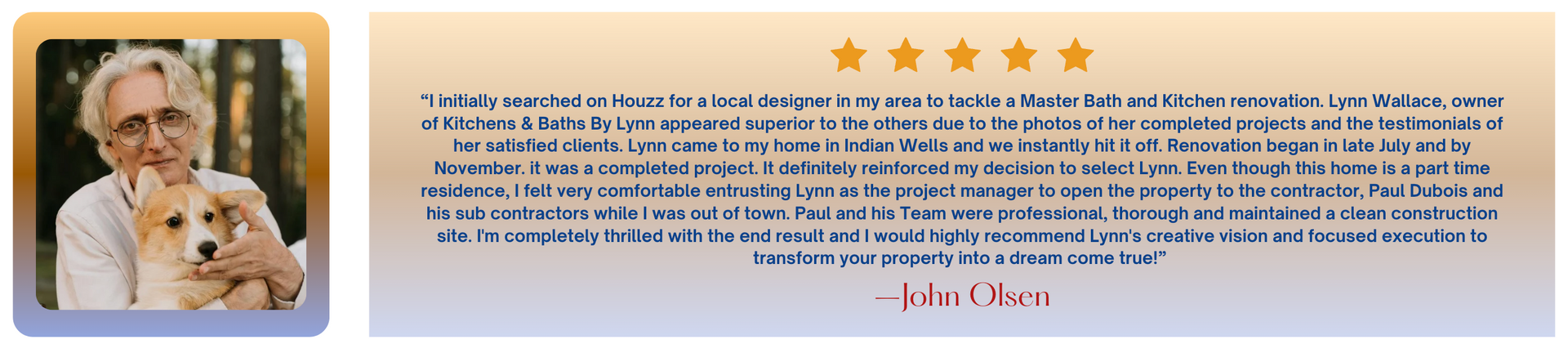 A man is holding a small dog next to a review.