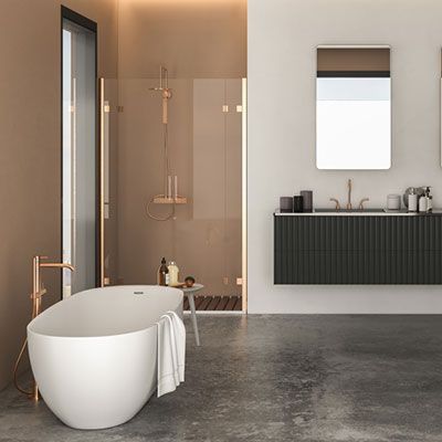 Modern bathroom with luxurious cabinet, white bathtub, shower cabin, window, and concrete floor, featuring beige and white walls for a sleek and sophisticated look.3d rendering 
