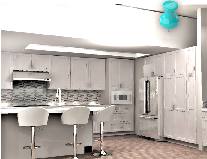 a kitchen with white cabinets and a blue pin on the ceiling
