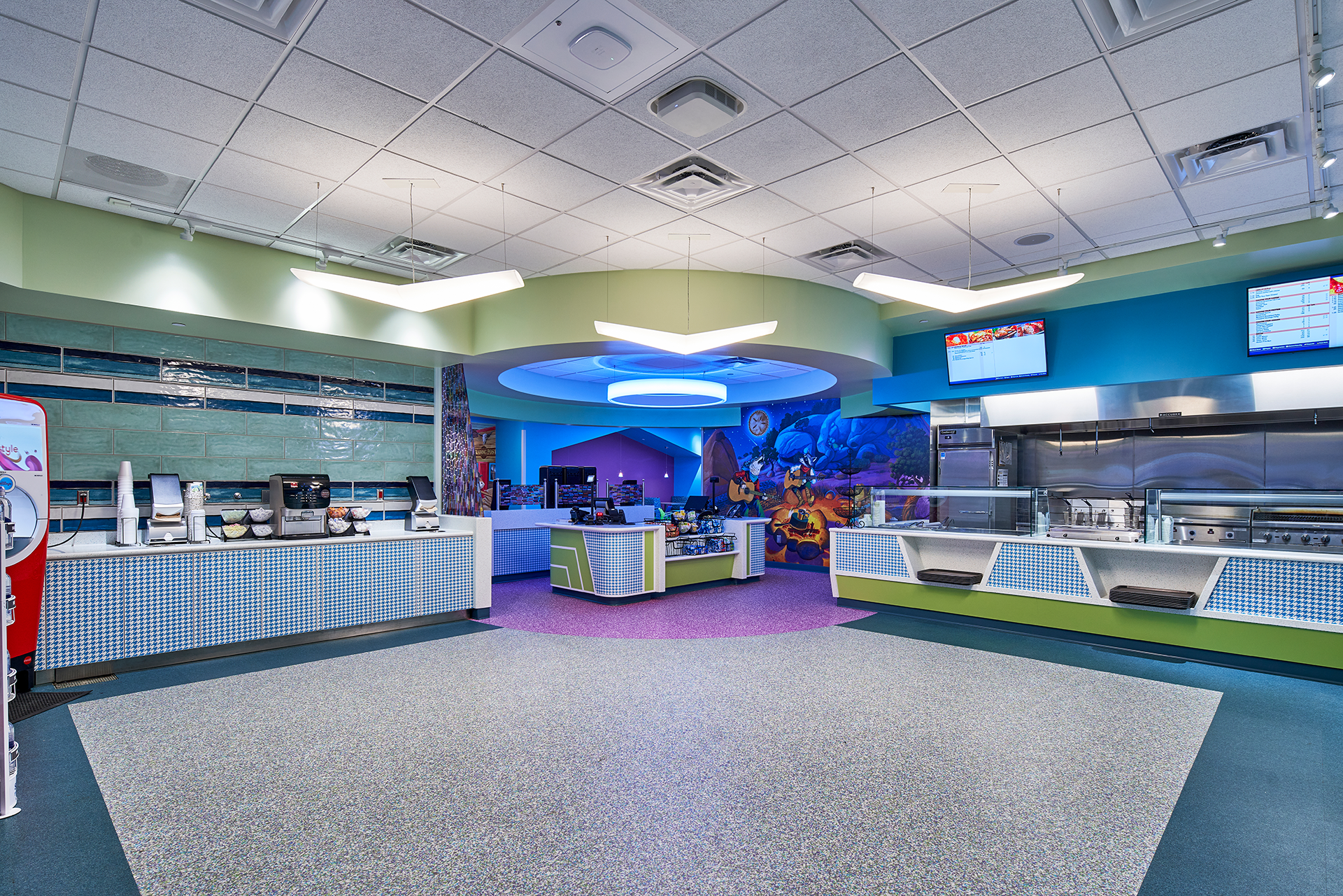 Image of Children's hospital canteen with bright blue and white lighting