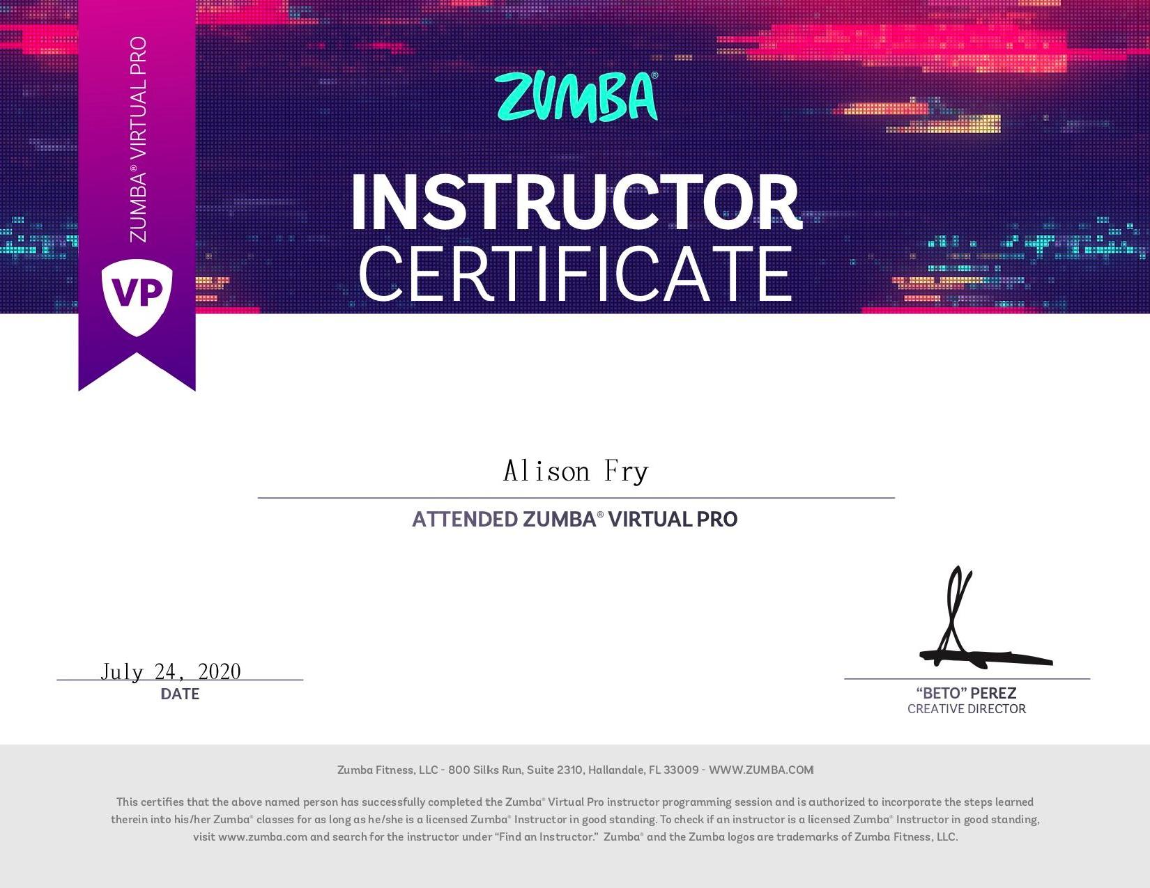 Zumba Virtual Pro Training Certification - 24th July 2020