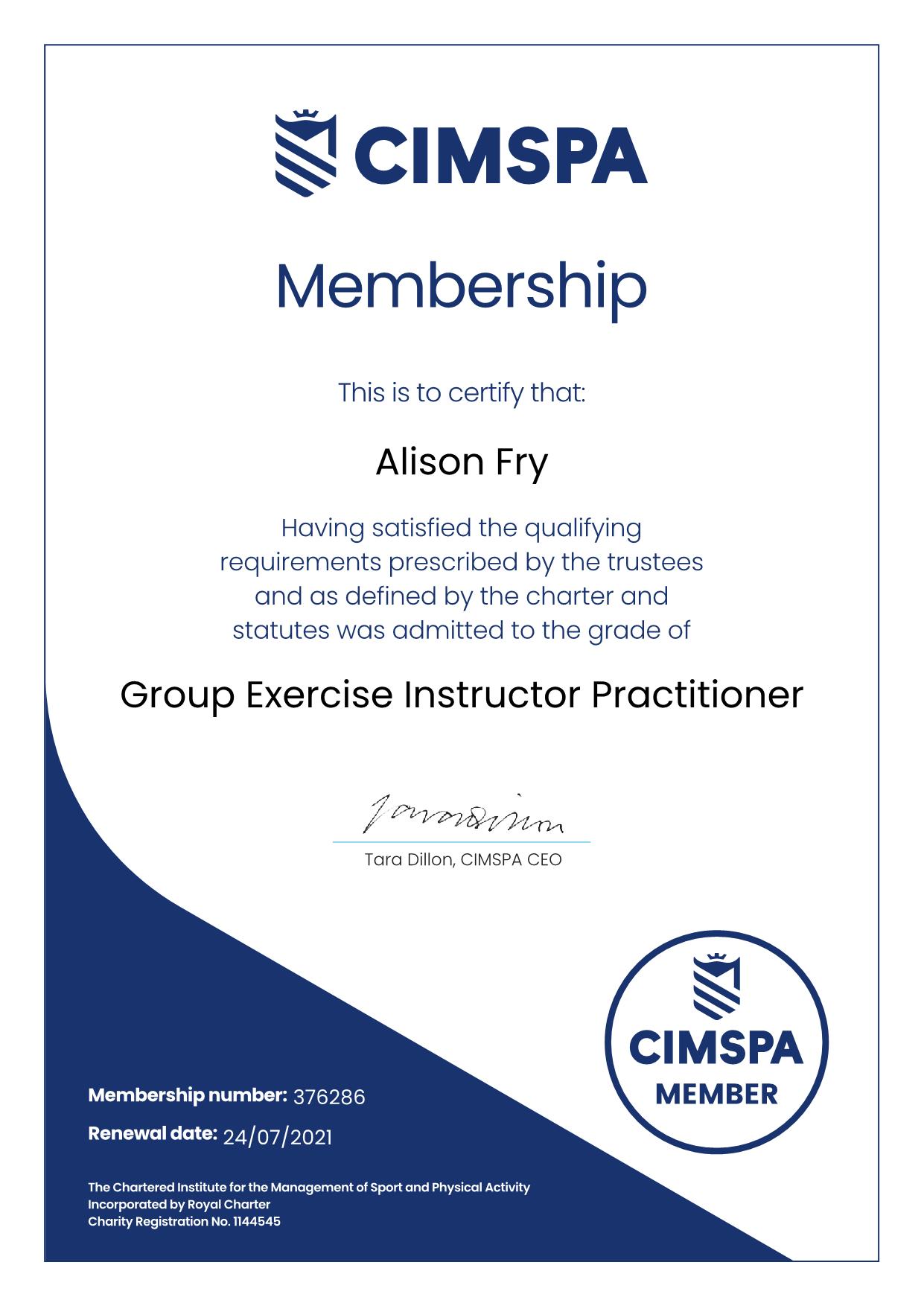 Group Exercise Instructor Practioner with the Chartered Institute for the Management of Sport and Physical Activity - 24th July 2020