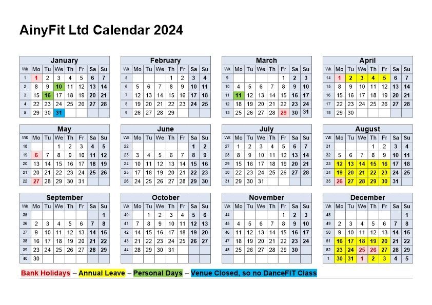 AinyFit Ltd Calendar 2024 - Scheduled Class Closures