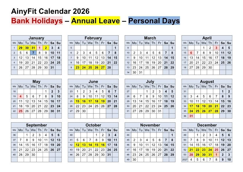 AinyFit Ltd Calendar 2026 - Scheduled Class Closures