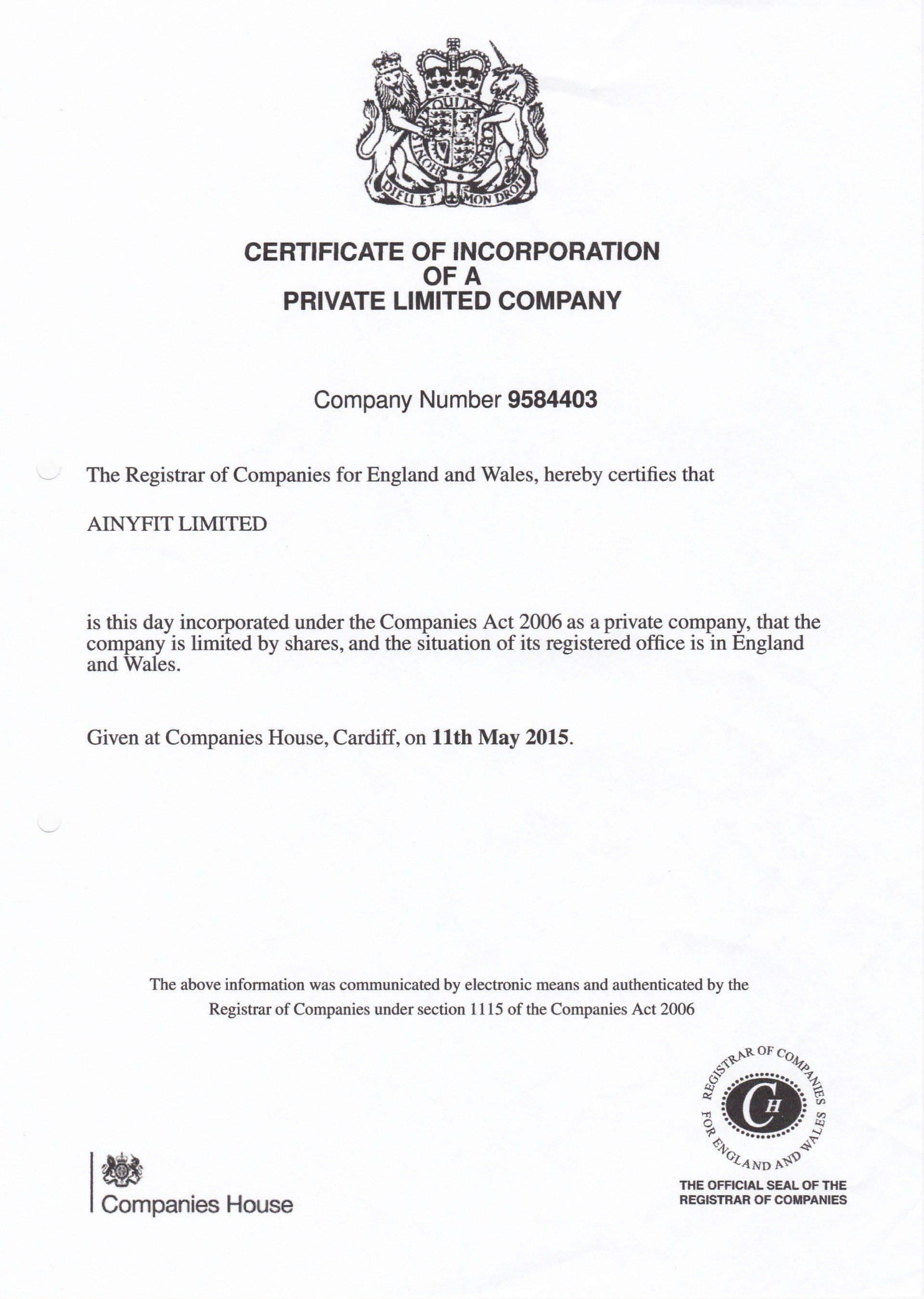 AinyFit Ltd Company Registration and Certificate of Incorporation - 11th May 2015