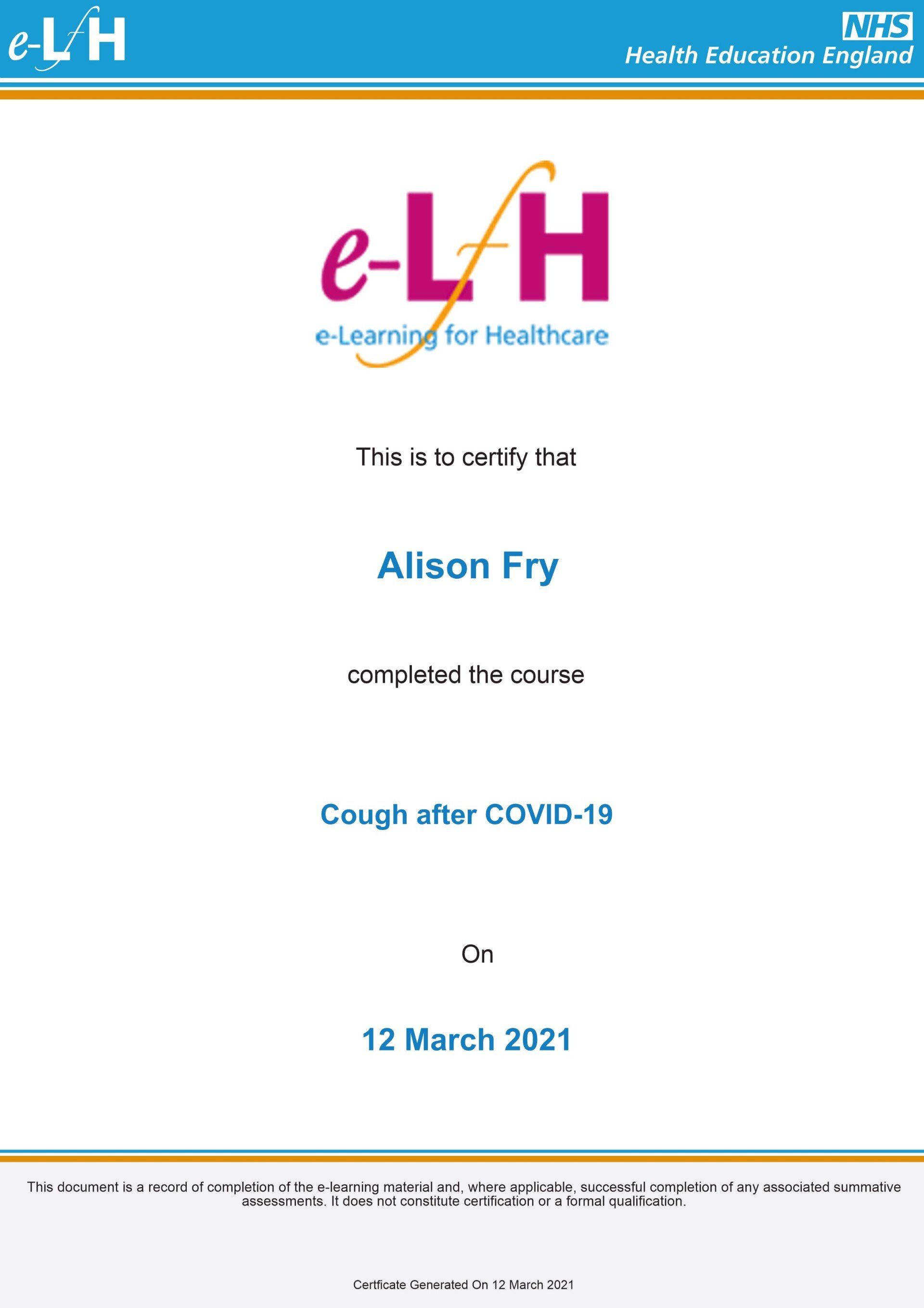 Cough after COVID-19 - 12th March 2021