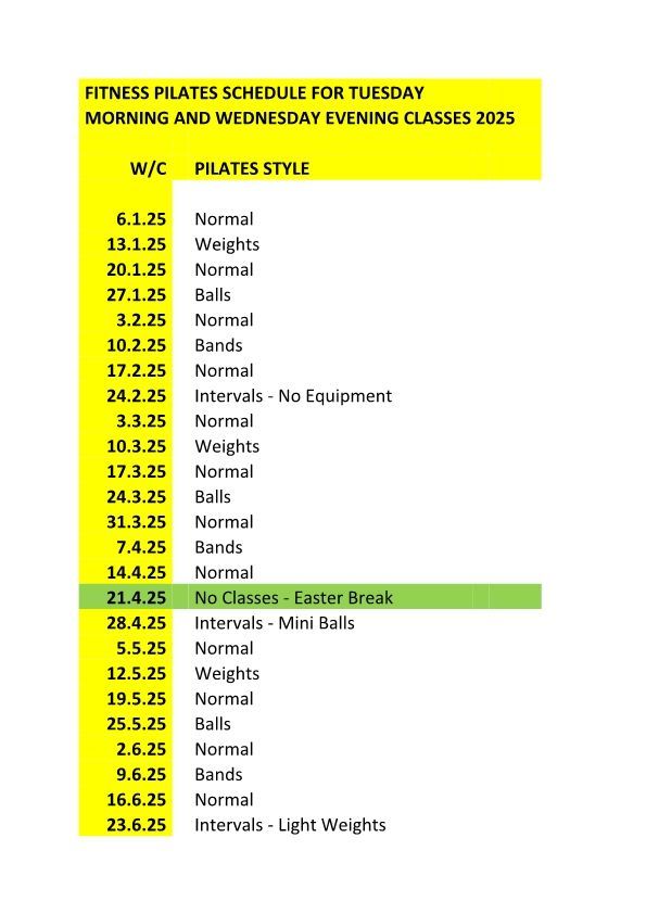 Schedule of Small Equipment use for Tuesday and Wednesday Fitness PILATES Classes. 