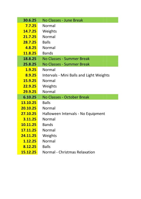 Schedule of Small Equipment use for Tuesday and Wednesday Fitness PILATES Classes. 