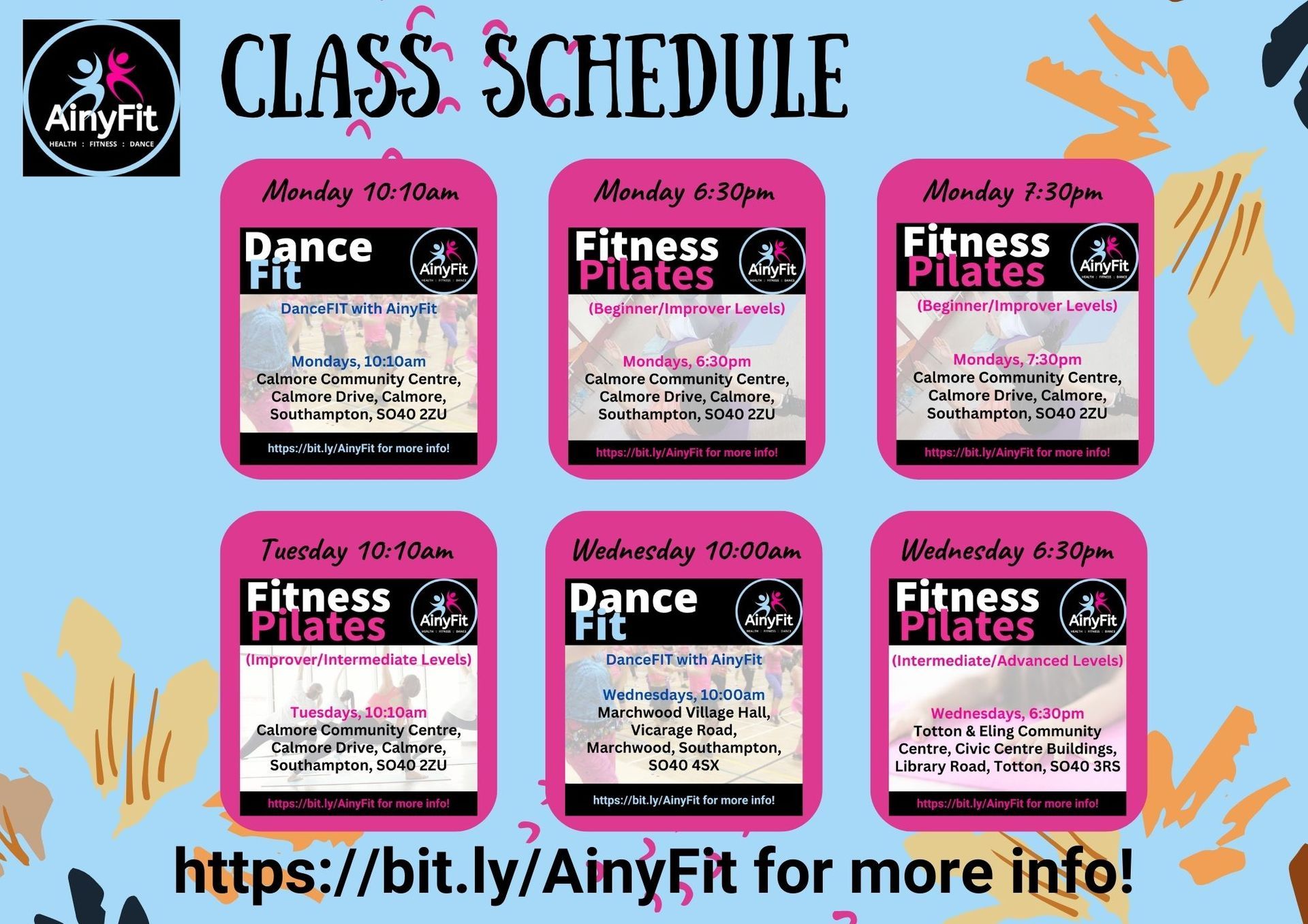 AinyFit's regular schedule for DanceFIT and Fitness PILATES Classes at a glance