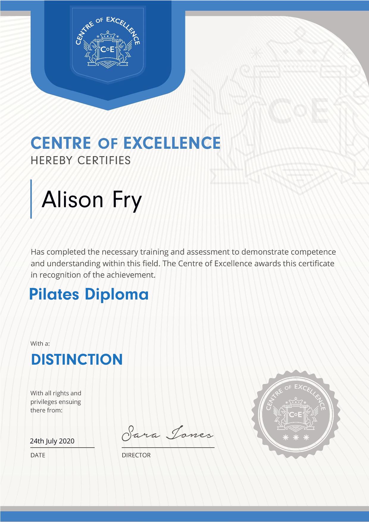 Centre of Excellence Pilates Diploma - Distinction - 24th July 2020