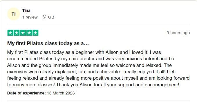 A review received for AinyFit's Fitness PILATES Class on a Monday evening for Beginners/Improvers at Calmore Community Centre