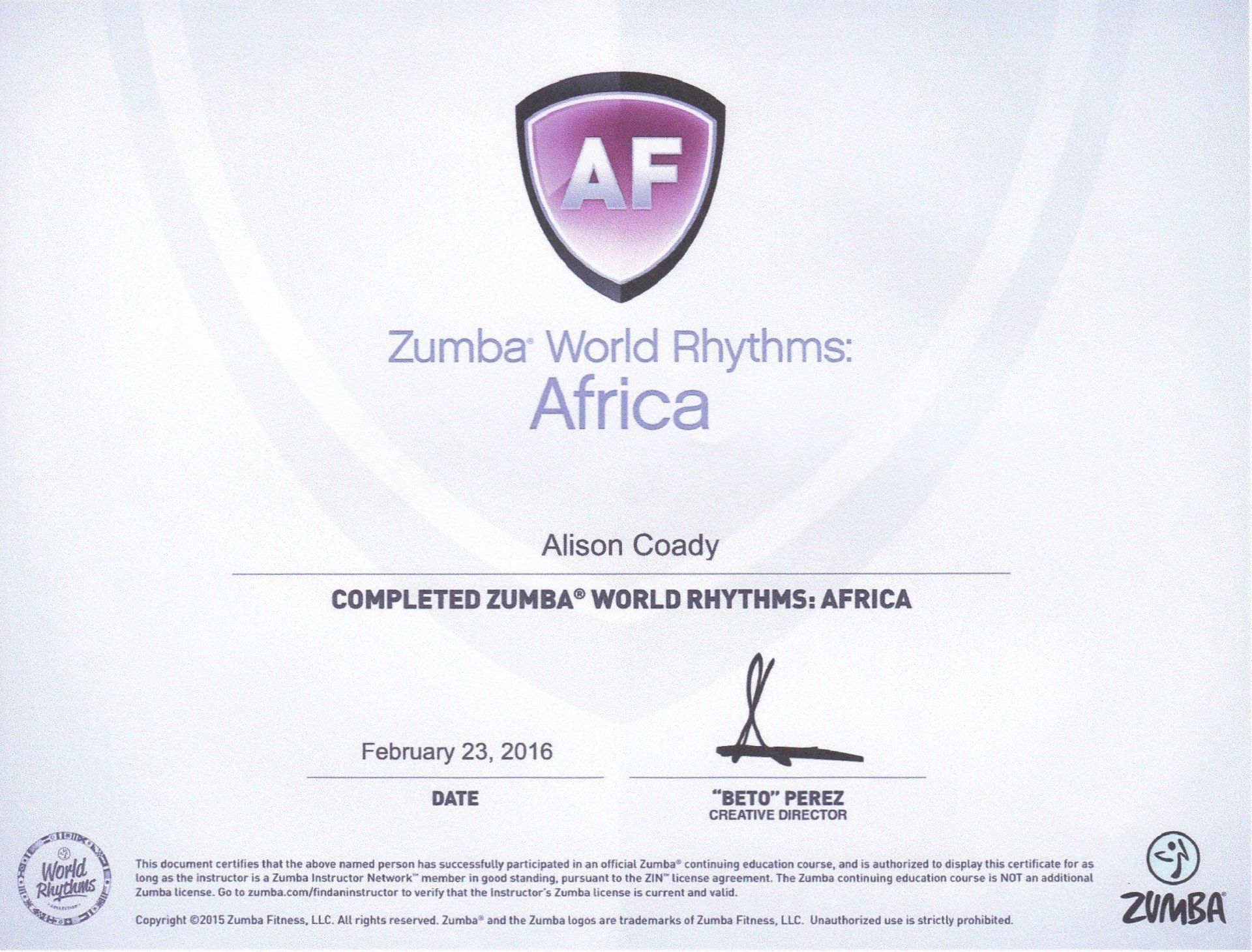 Zumba World Rhythms Africa Certification - 23rd February 2016