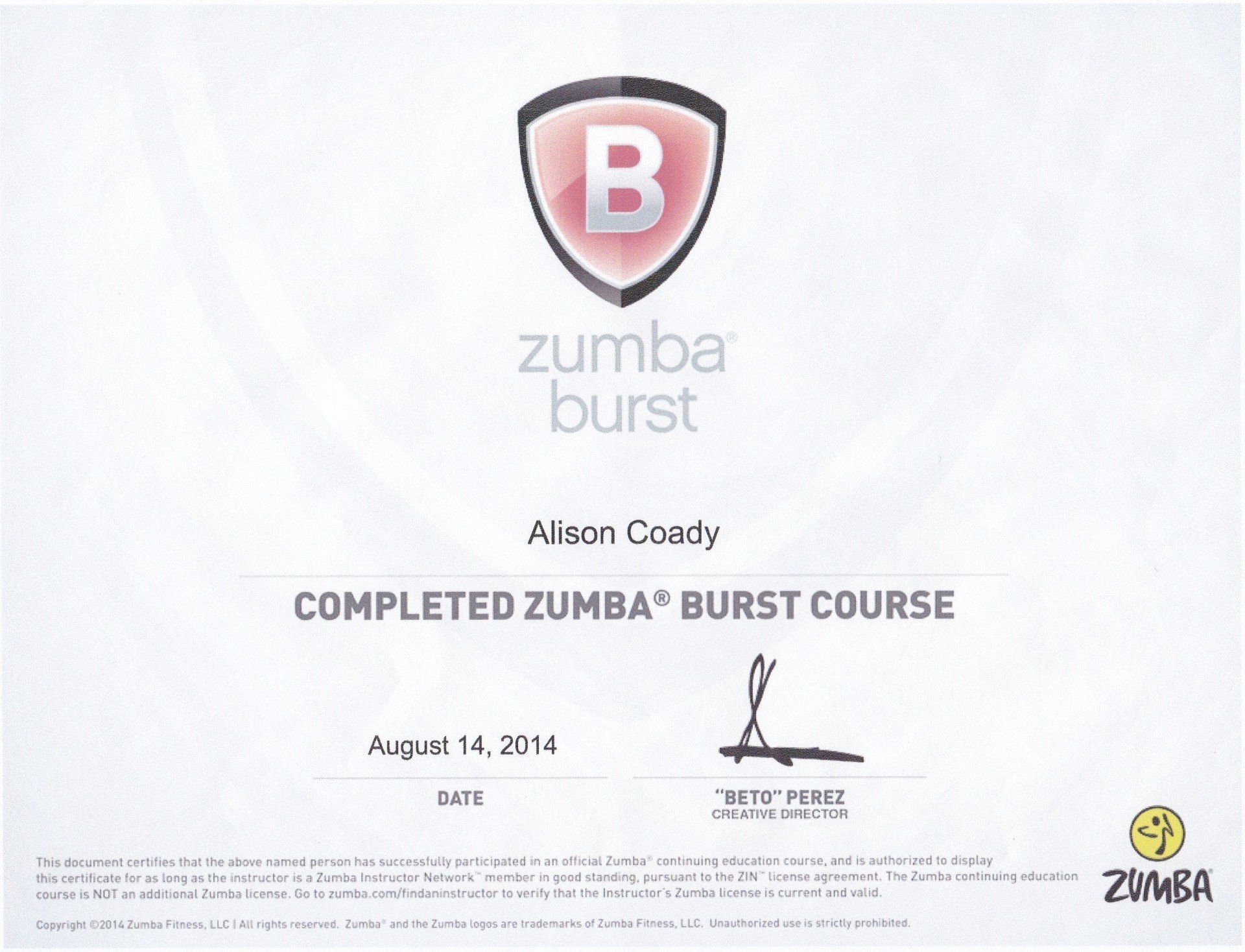 Zumba Burst Certification - 14th August 2014