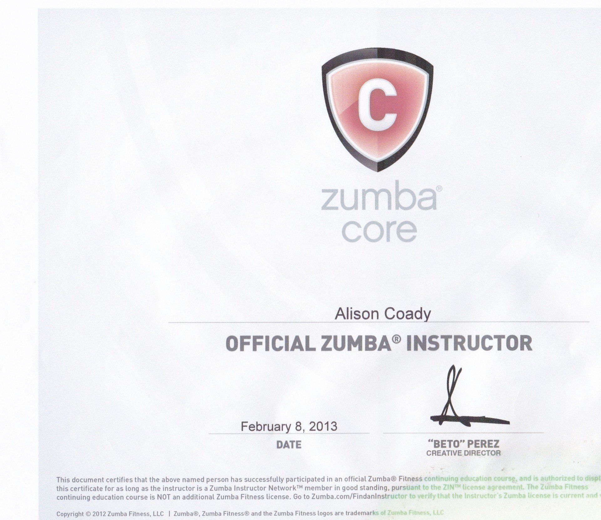 Zumba Core Certification - 8th Feburary 2013
