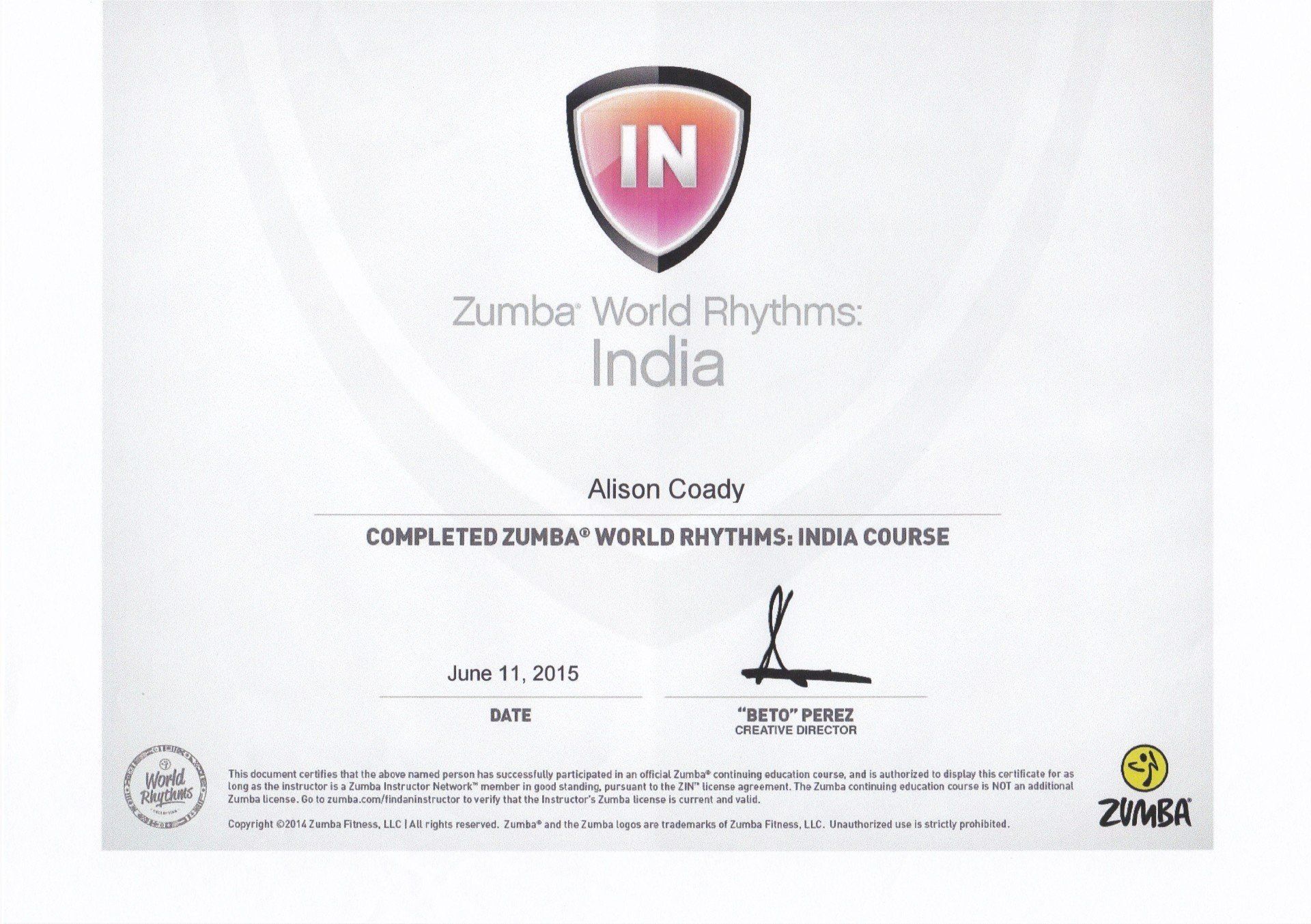 Zumba World Rhythms India Certification - 11th June 2015