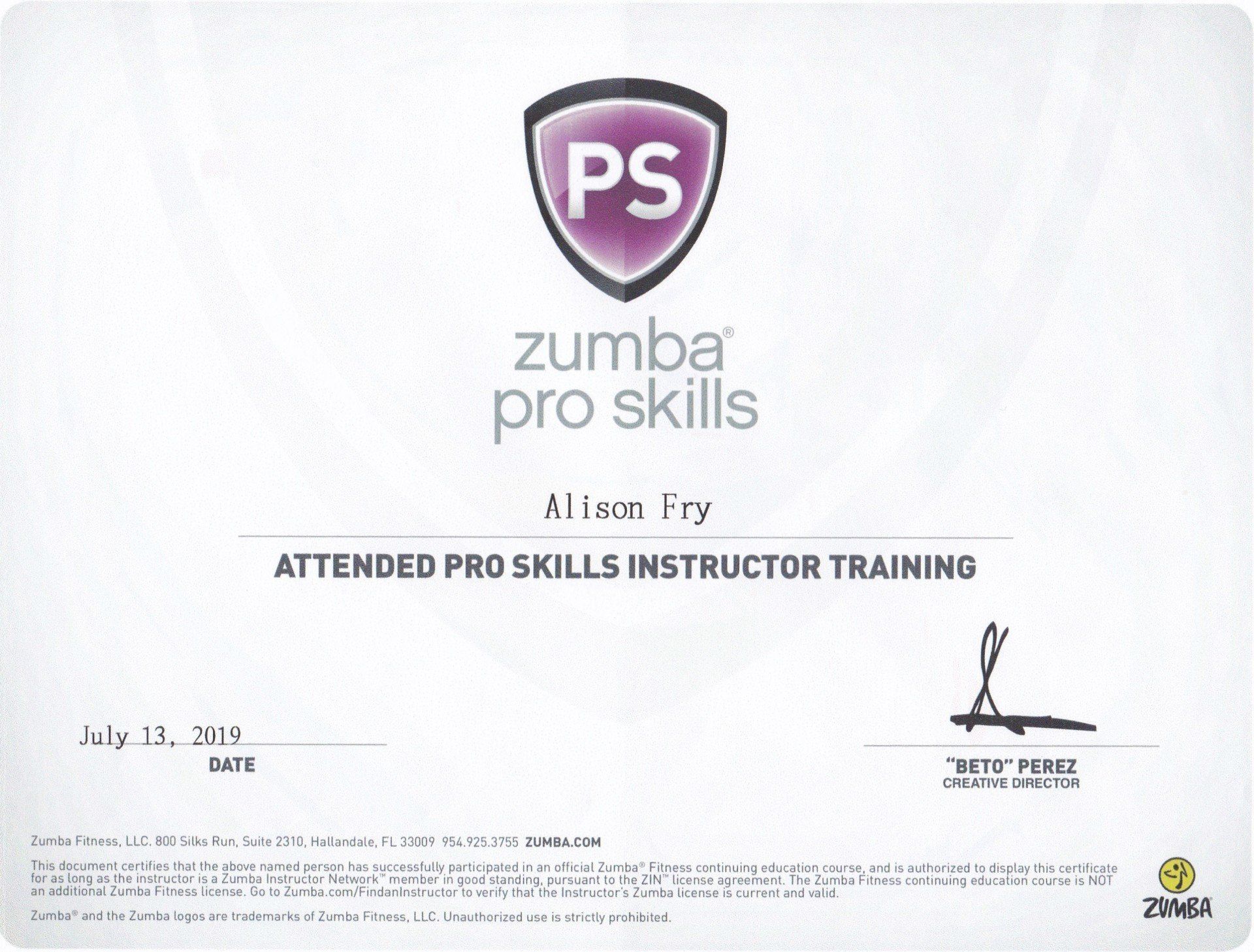 Zumba Pro Skills Certification - 13th July 2019