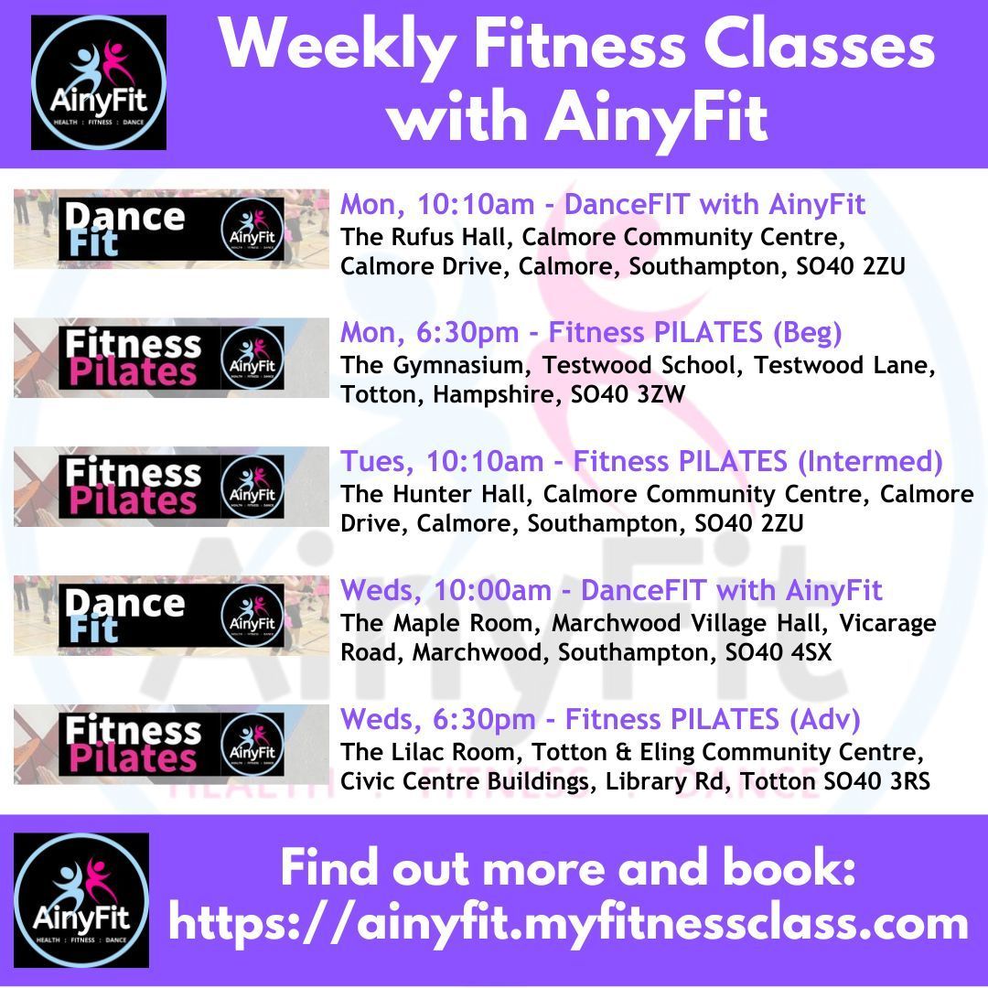 AinyFit's Weekly schedule of Fitness PILATES and DanceFIT classes.