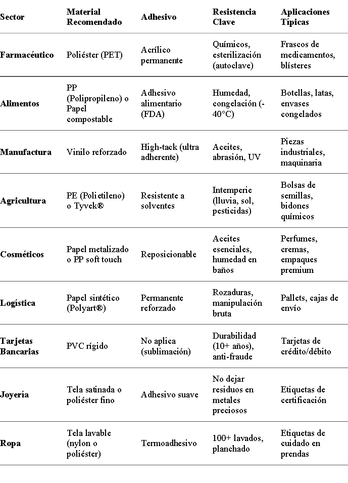 Tabla Comparativa de etiquetas adhesivas por Sector Industrial Tabla Comparativa de etiquetas adhesivas por Sector Industrial