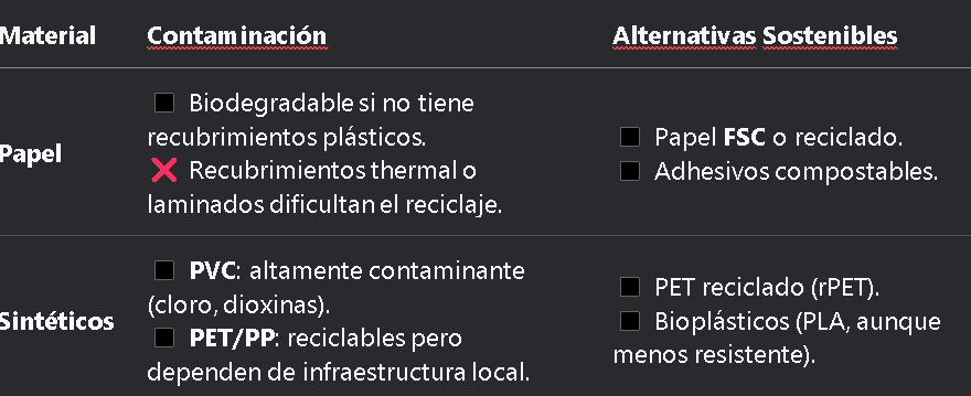 Tabla que describe el impacto ambiental de los materiales de etiquetas adhesivas