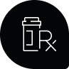 A line icon of a bottle of pills with a prescription symbol.