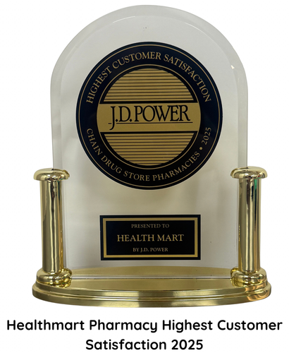 Healthmart Pharmacy Highest Customer Satisfaction award from J.D. Power, in a gold and black trophy.