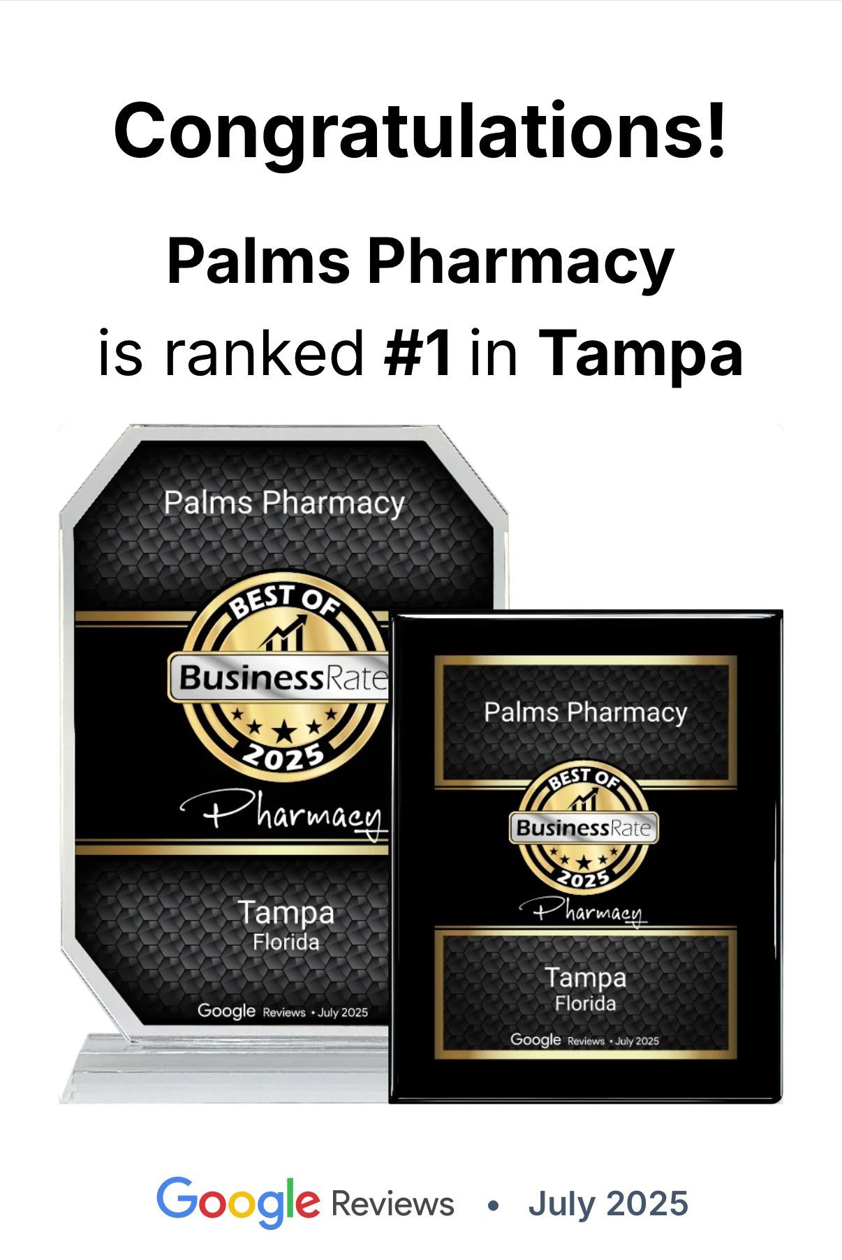 Award for Palms Pharmacy, ranked #1 in Tampa by "Best of Business" in 2025.