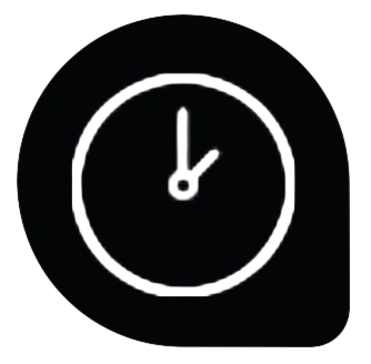 A black circle with a white clock inside of it.