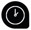 A black circle with a white clock inside of it.