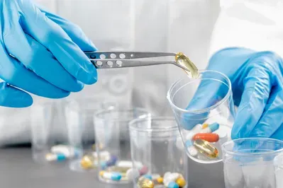 A scientist is pouring pills into a glass with tweezers.