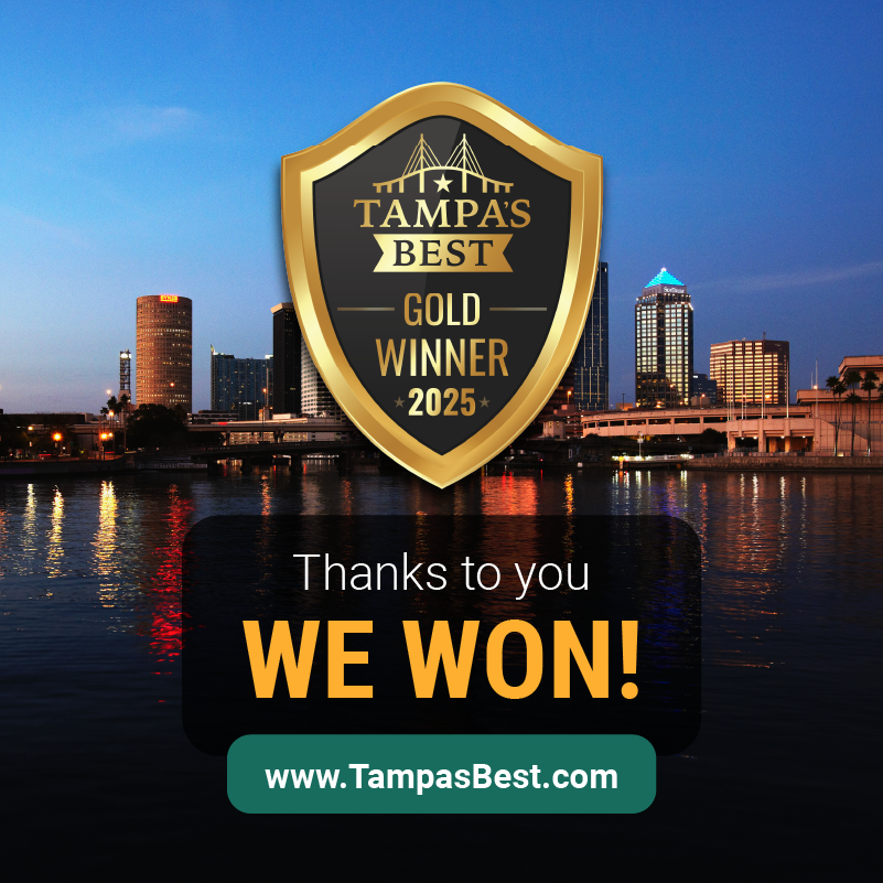 Tampa's Best Gold Winner 2025 award badge over Tampa skyline. Text reads, "We Won!" Website address is displayed.