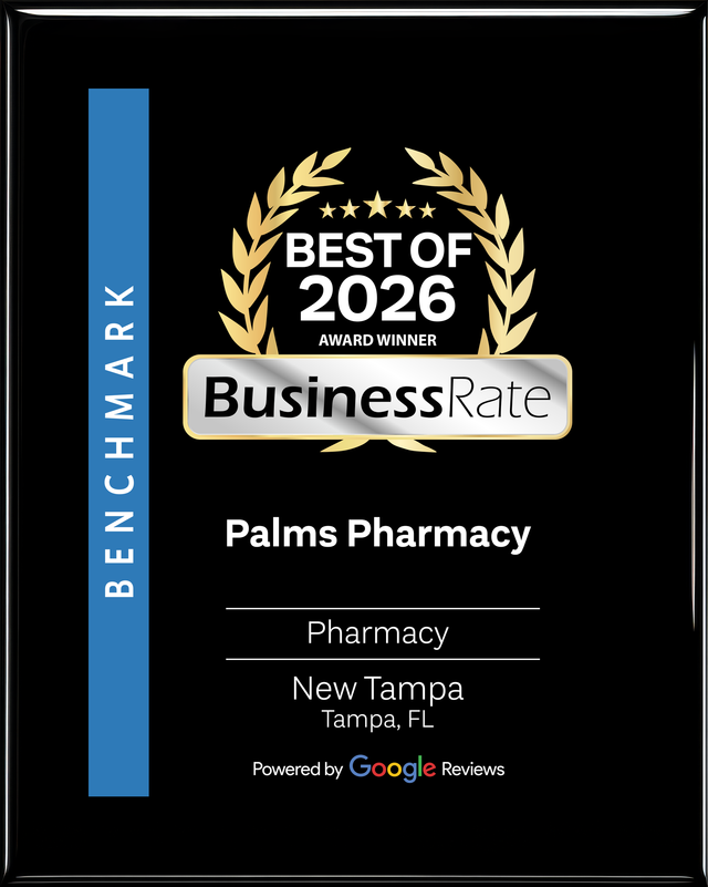 Best of 2026 BusinessRate award plaque for Palms Pharmacy, black with gold laurel and blue benchmark stripe