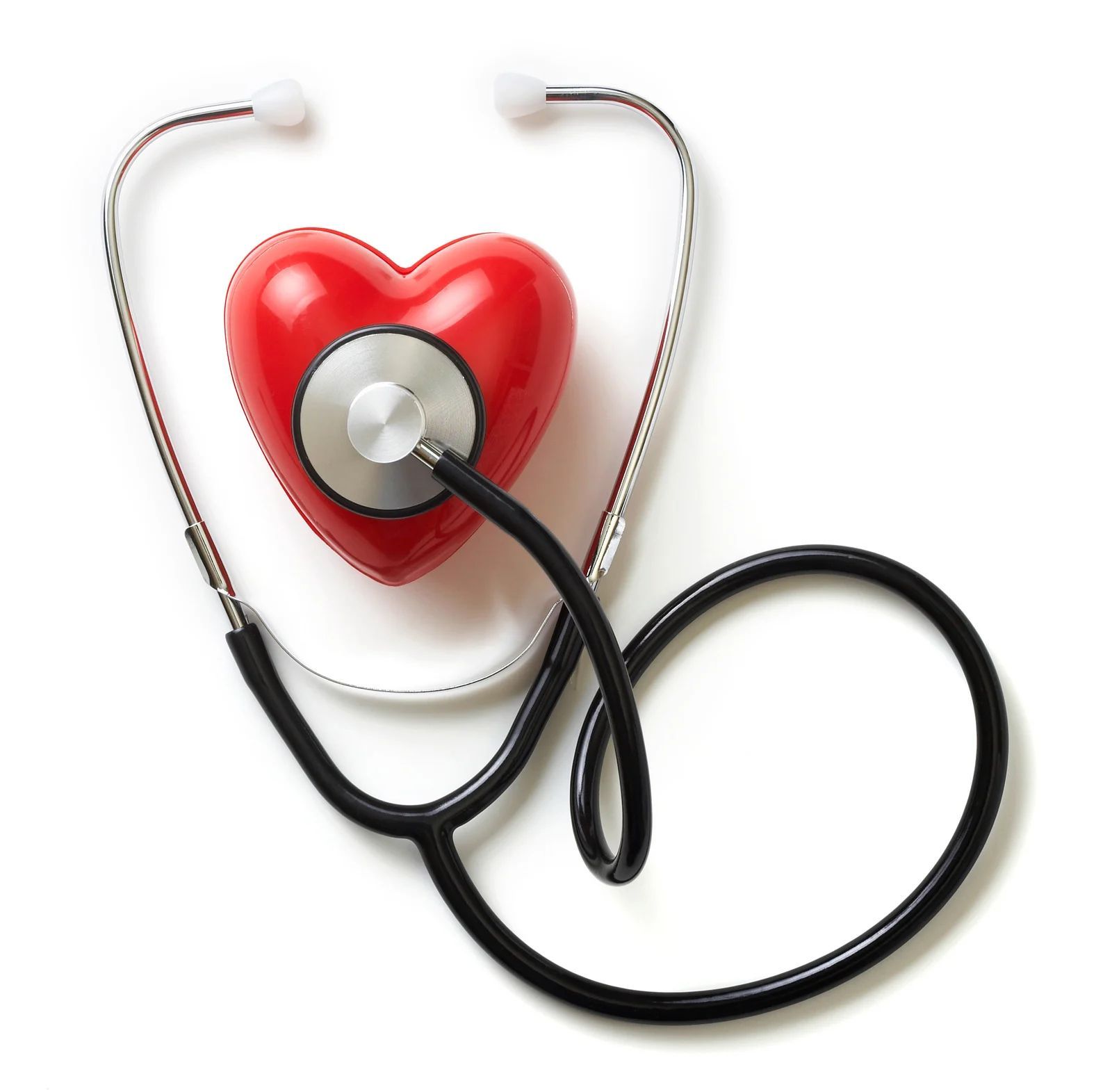 Red heart with a stethoscope examining it on a white background.