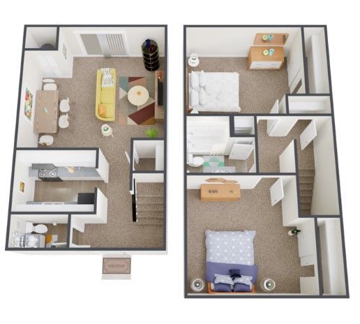 2 Bed, 1.5 Bath Apartment Floor Plan