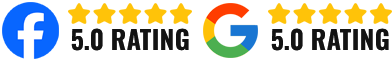 Facebook and Google 5.0 star ratings logos on white background
