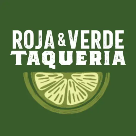 A logo for roja & verde taqueria with a slice of lime