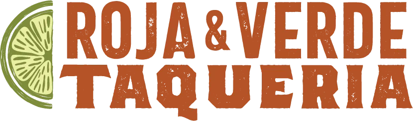A logo for roja & verde taqueria with a lime slice in the middle.