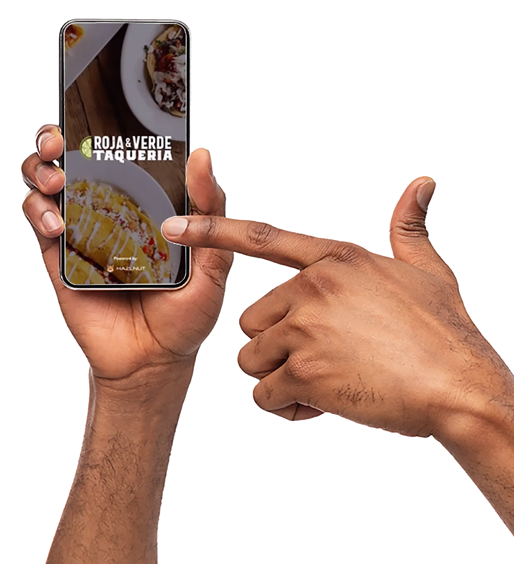 A person is pointing at a phone that says roja verde taqueria