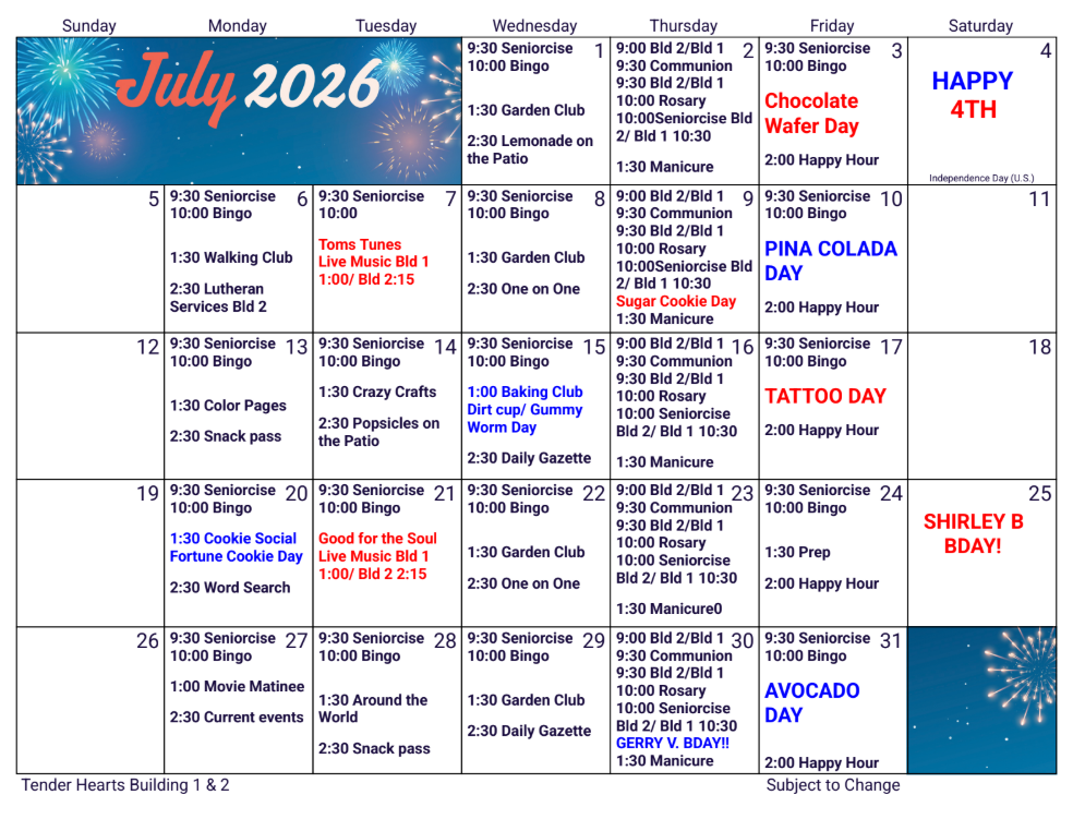 April 2026 monthly activity calendar for a senior living facility, featuring a schedule of events and daily programs.