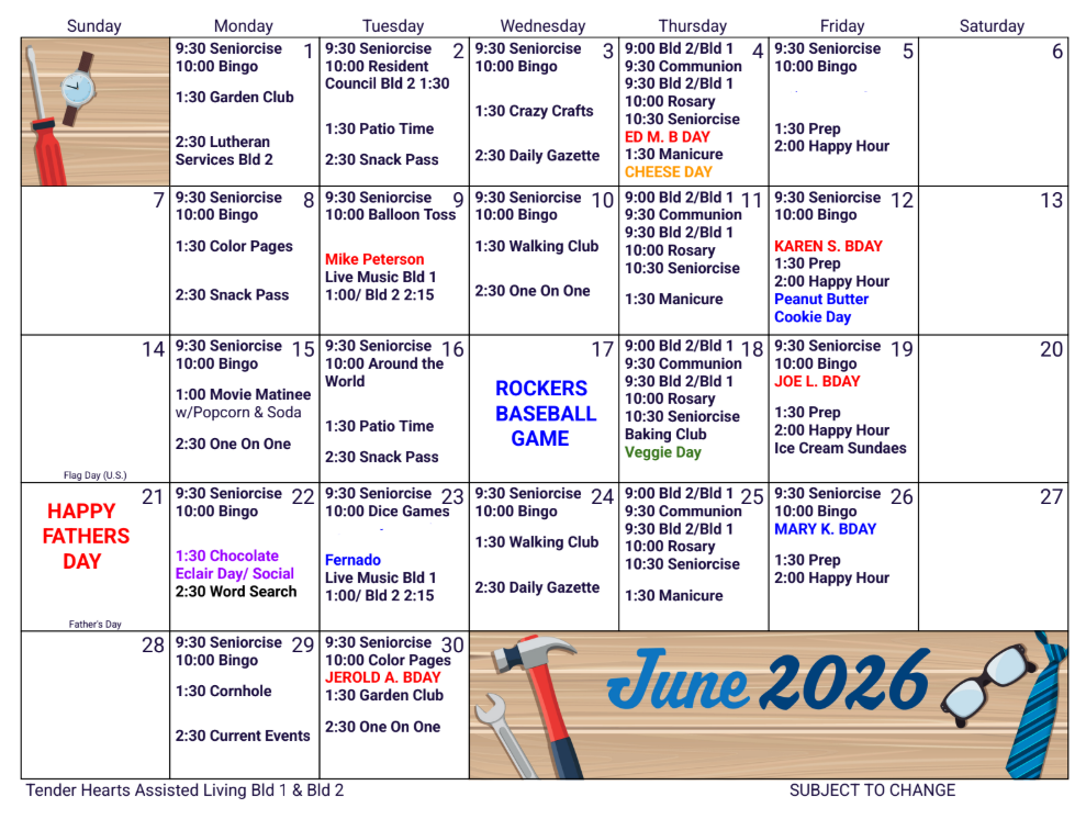 April 2026 monthly activity calendar for a senior living facility, featuring a schedule of events and daily programs.