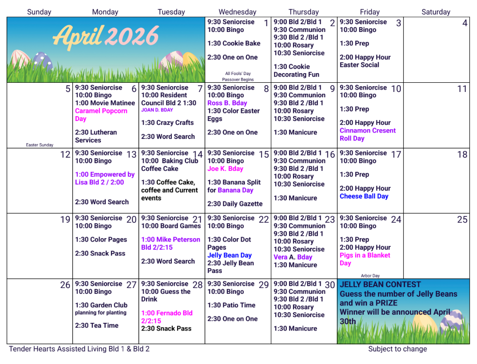 April 2026 monthly activity calendar for a senior living facility, featuring a schedule of events and daily programs.