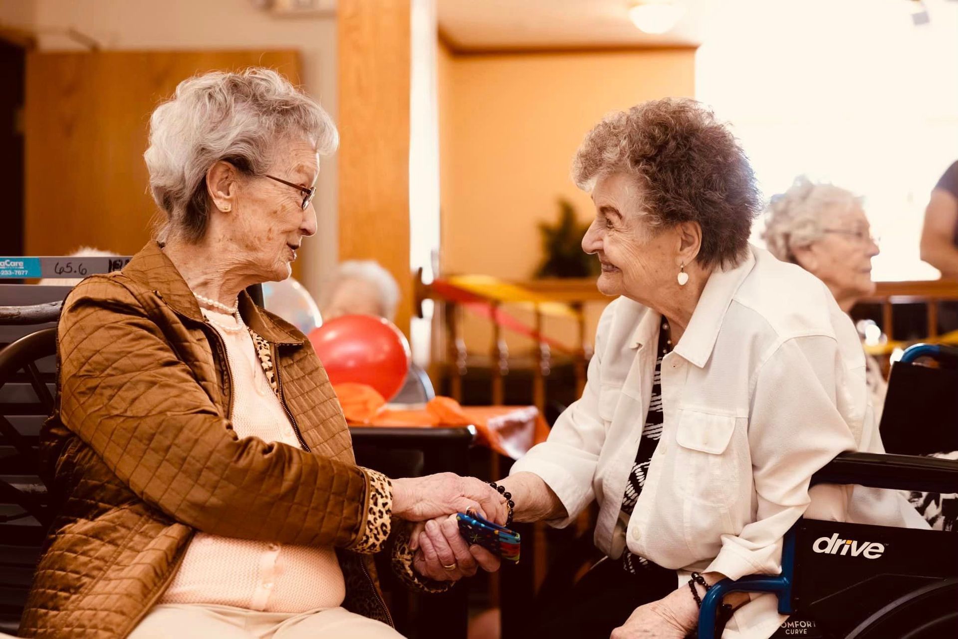Two elderly women are sitting next to each other in a room holding hands.
