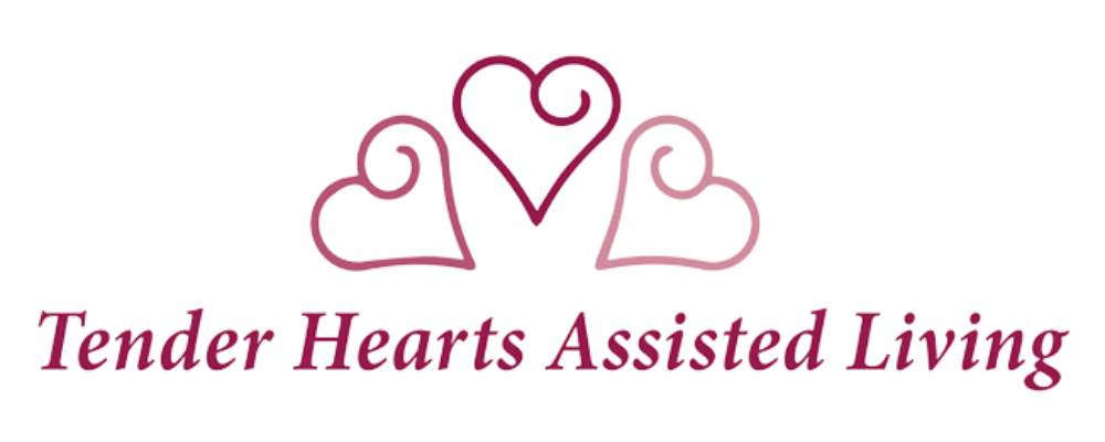 The logo for tender hearts assisted living has three hearts on it.